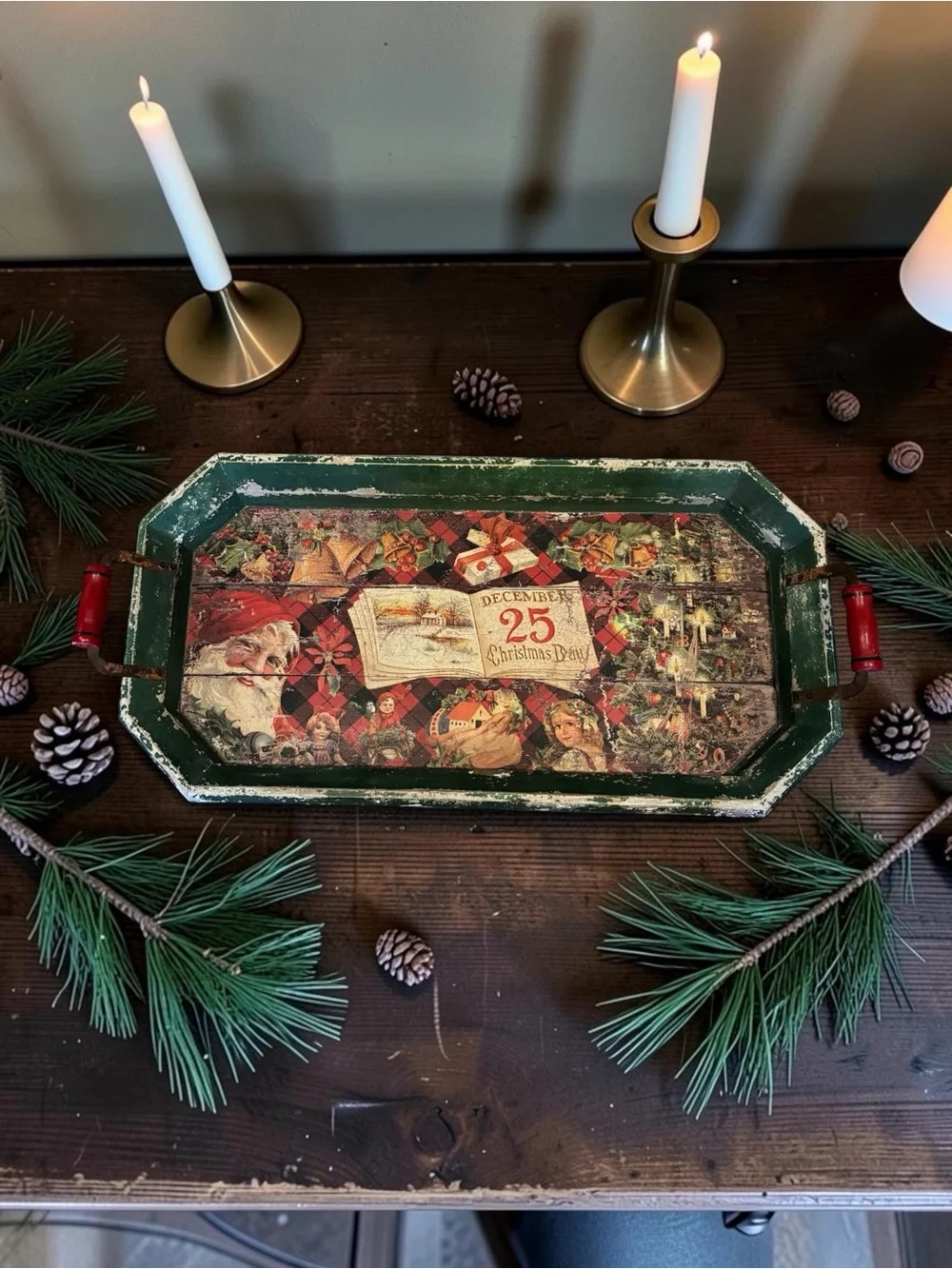 Vintage Style Old World Large Decorative Christmas Decoupage Serving Tray 2 ft